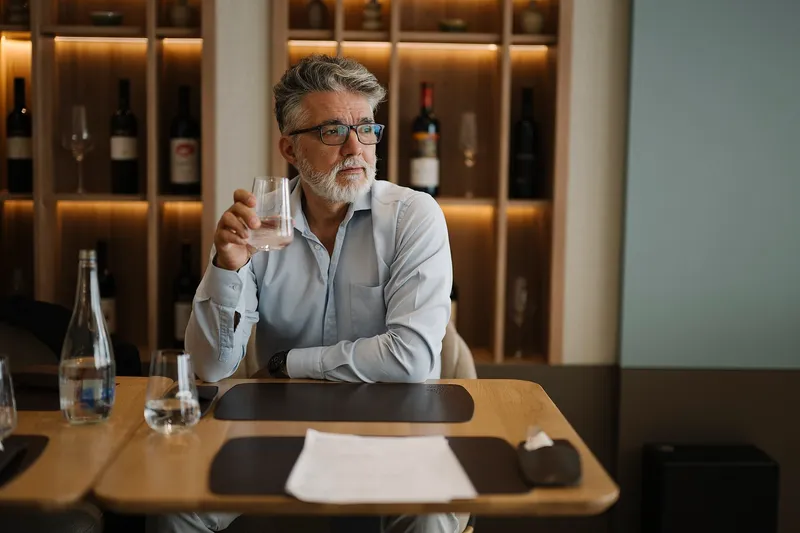 Restauranttisch mit Getränk und Weinflaschen im Hintergrund