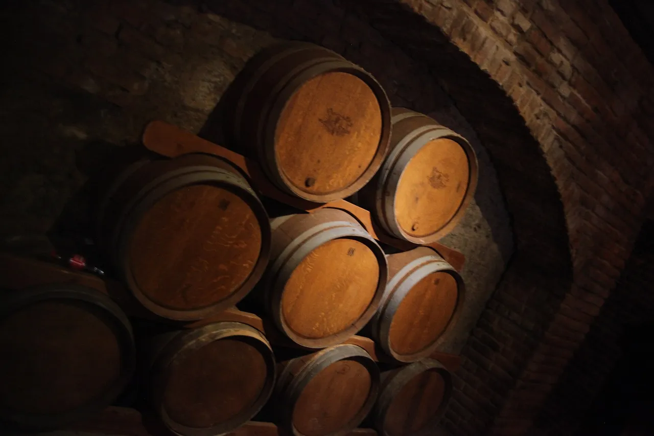 Alter Weinkeller mit großen Holzfässern zur Weinreifung